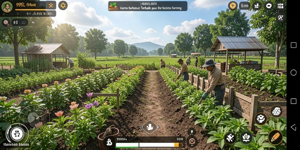 Tampilan gameplay 99SL dengan ladang dan aktivitas berkebun menarik.