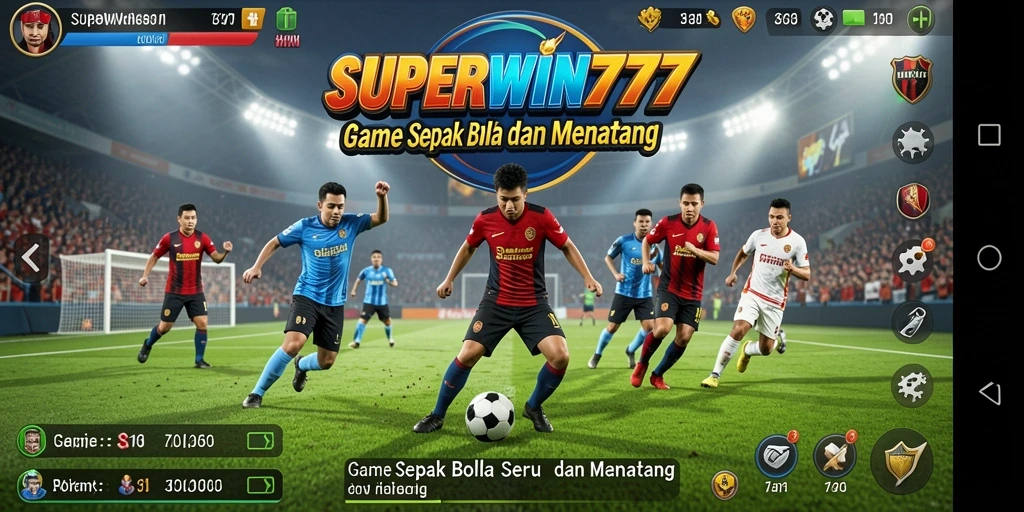Tampilkan gameplay SUPERWIN777 yang penuh aksi di lapangan sepak bola.