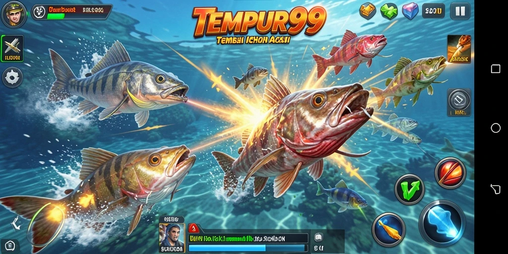 Tampilan gameplay seru dalam TEMPUR99 saat menembak ikan.